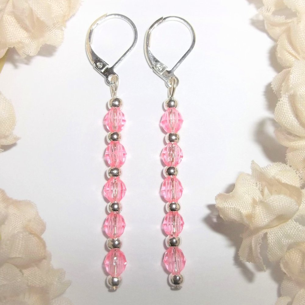 Long Pink Silver Earring Set Dainty Delicate Gift Idea For Her Girl Jewelry 6019